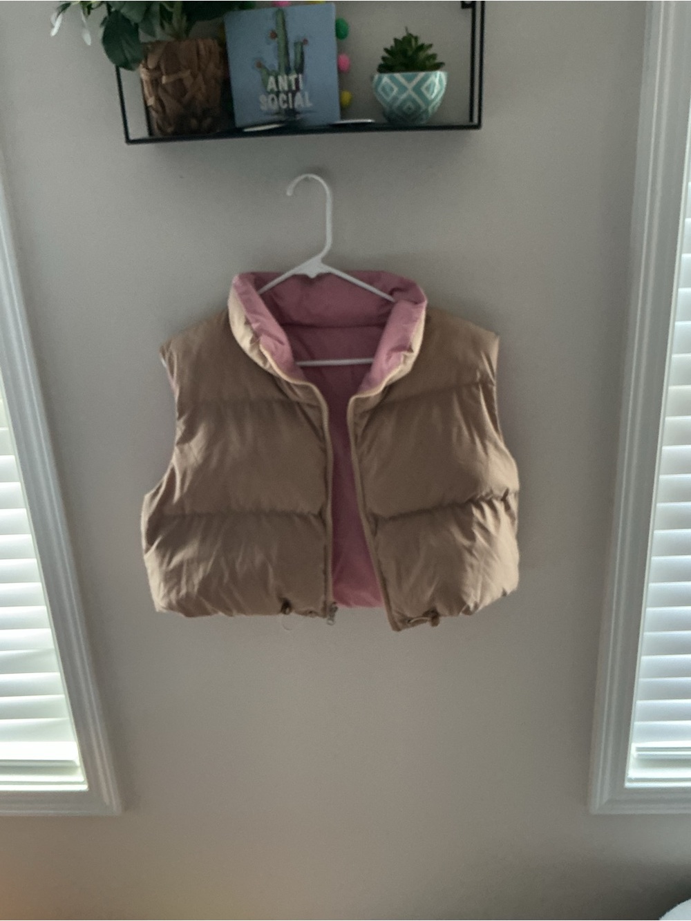 Reversible Puffer Vest in Tan with Pink Lining